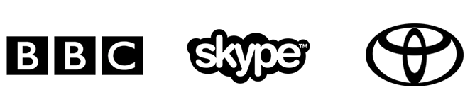 Logos of Microsoft, BBC, Skype, and Toyota