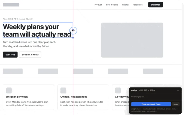 Nudge resizing a headline on a running page, with its panel open